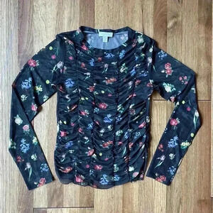 Topshop Floral Ruched Mesh Long Sleeve Top‎ Sz Women’s 4/6 Goth Fairy Whimsigoth